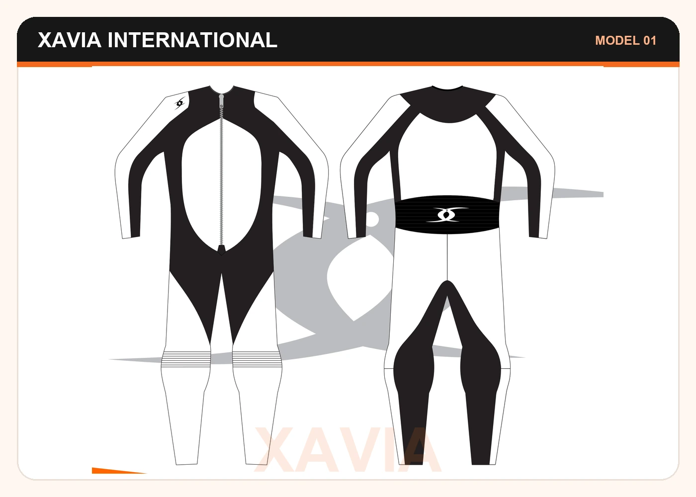 Xavia Harry downhill longboarding suit front and back model drawing