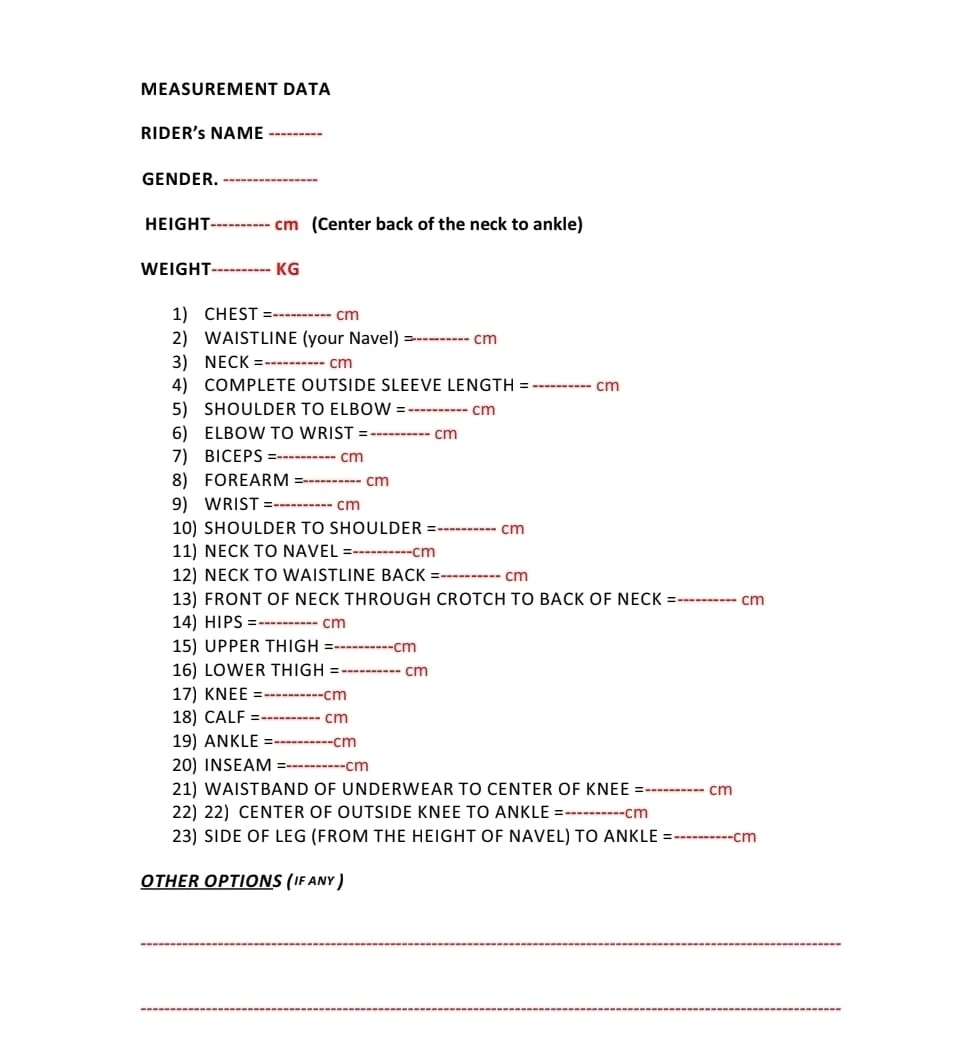 Xavia 23-point downhill suit measurement worksheet