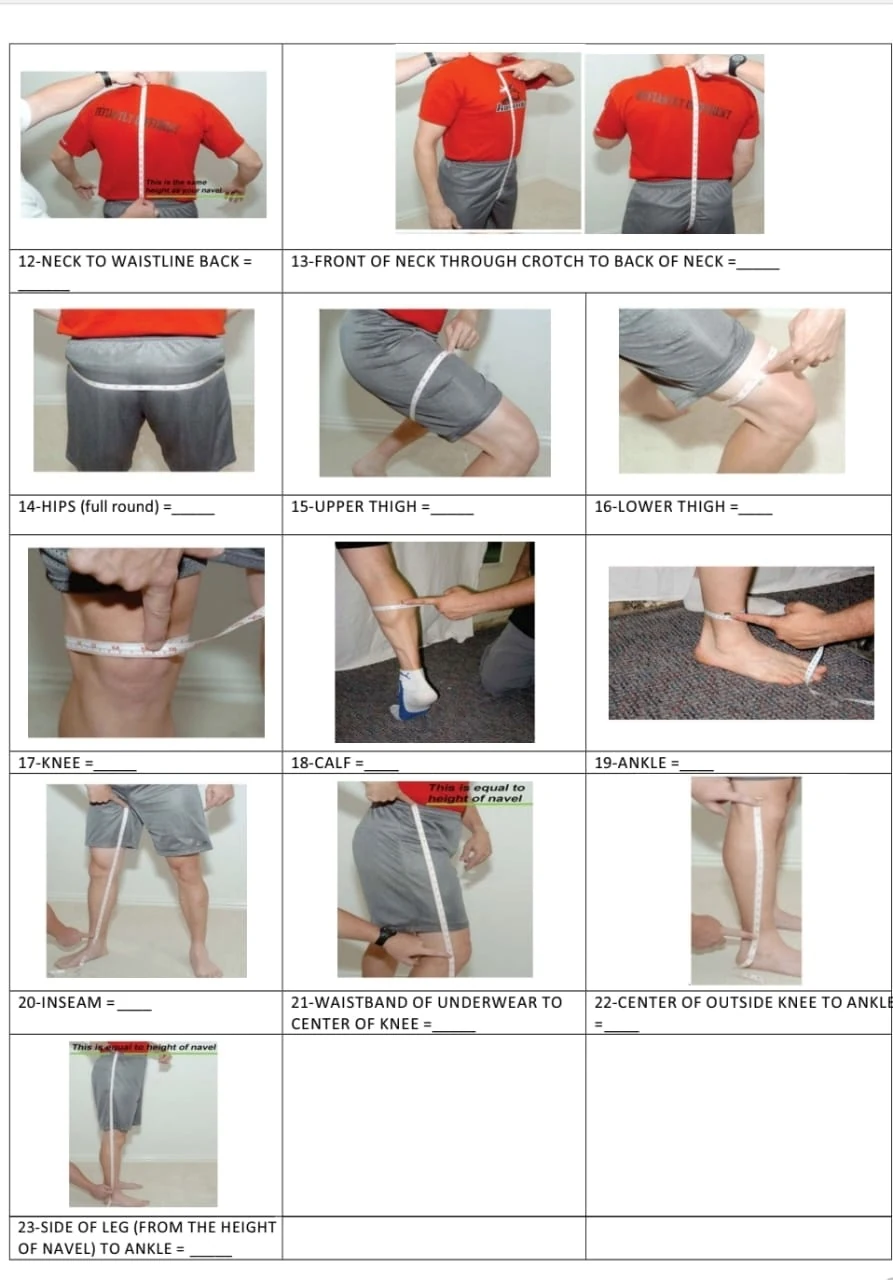 Photographic reference showing how to take downhill suit body measurements 12 to 23